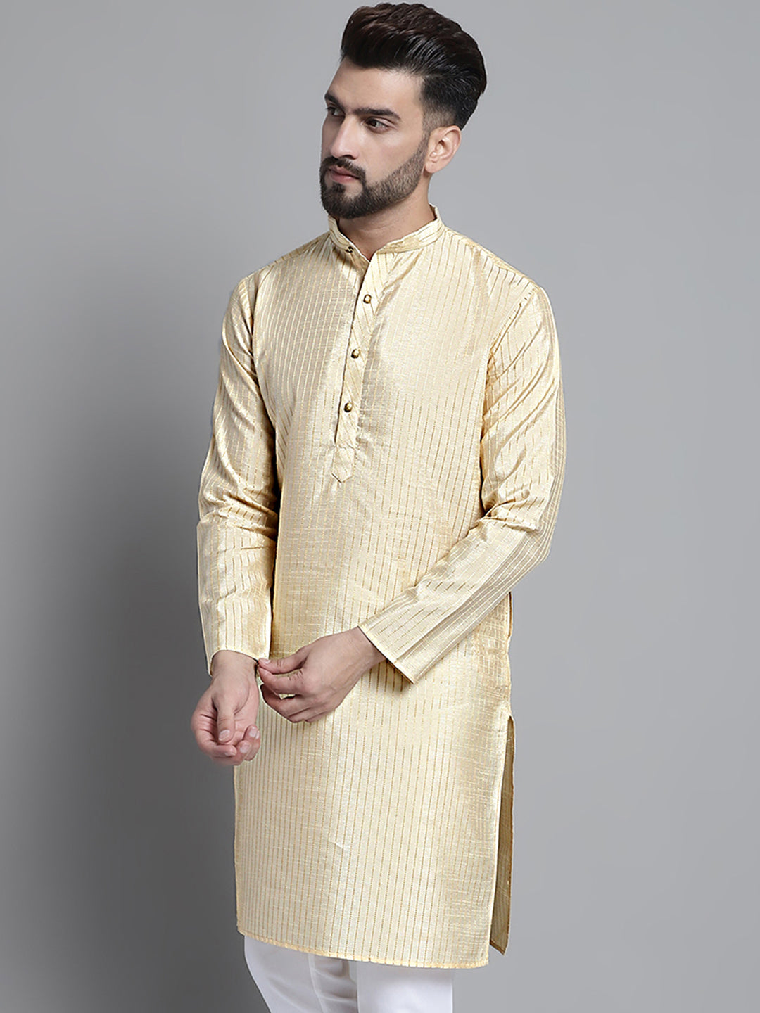 Men Beige Chikankari Embroidered And Sequence Kurtas