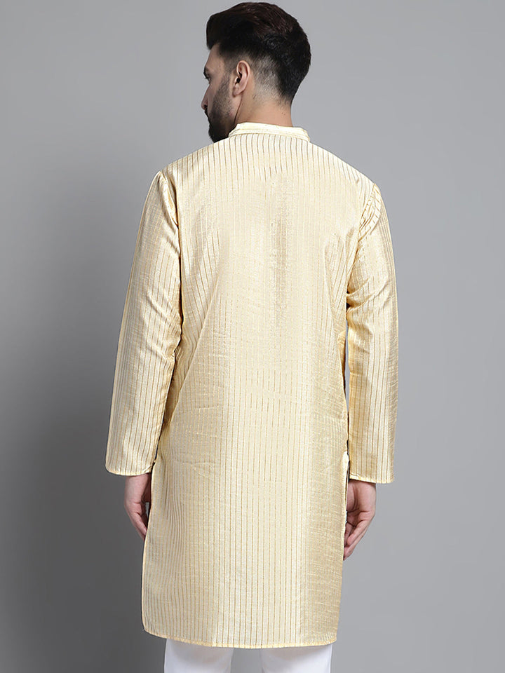 Men Beige Chikankari Embroidered And Sequence Kurtas