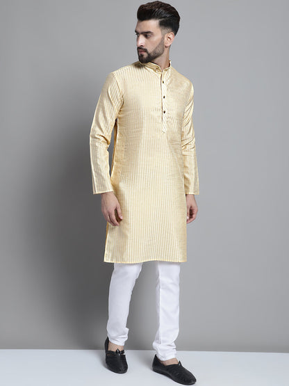 Men Beige Chikankari Embroidered And Sequence Kurtas