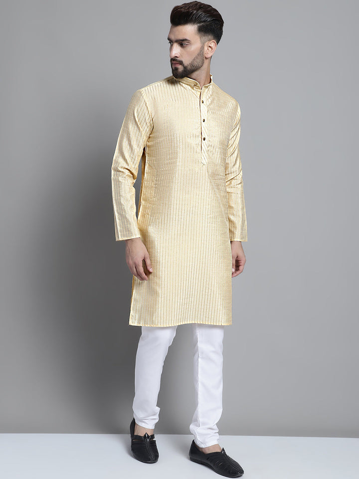 Men Beige Chikankari Embroidered And Sequence Kurtas