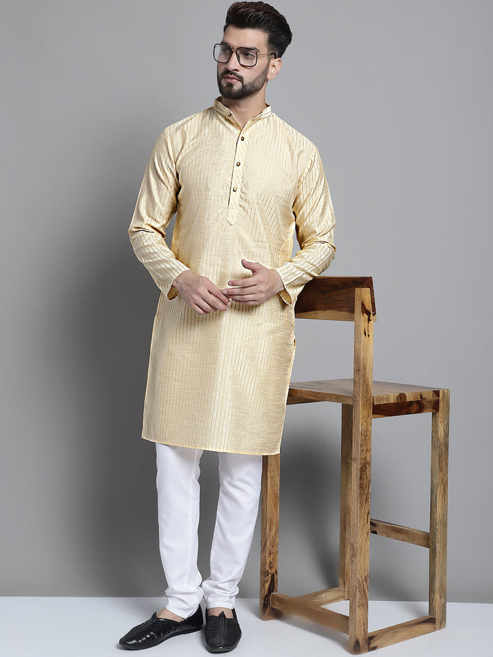 Men Beige Chikankari Embroidered And Sequence Kurtas
