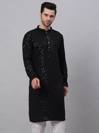 Men Black Chikankari Embroidered And Sequence Kurtas