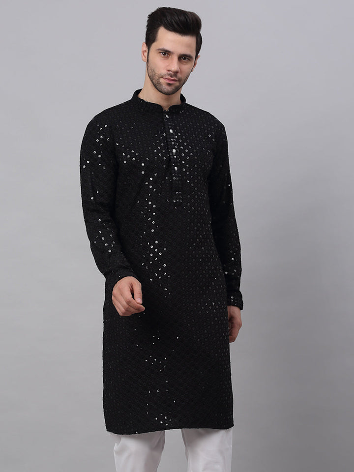 Men Black Chikankari Embroidered And Sequence Kurtas