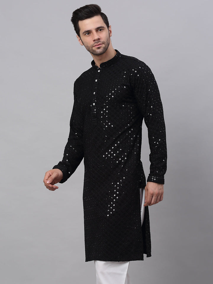 Men Black Chikankari Embroidered And Sequence Kurtas