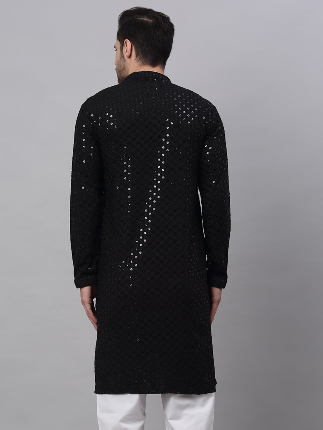 Men Black Chikankari Embroidered And Sequence Kurtas