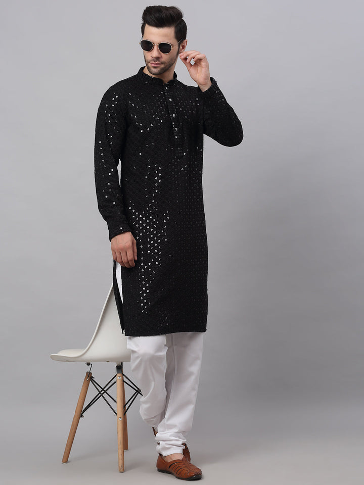Men Black Chikankari Embroidered And Sequence Kurtas