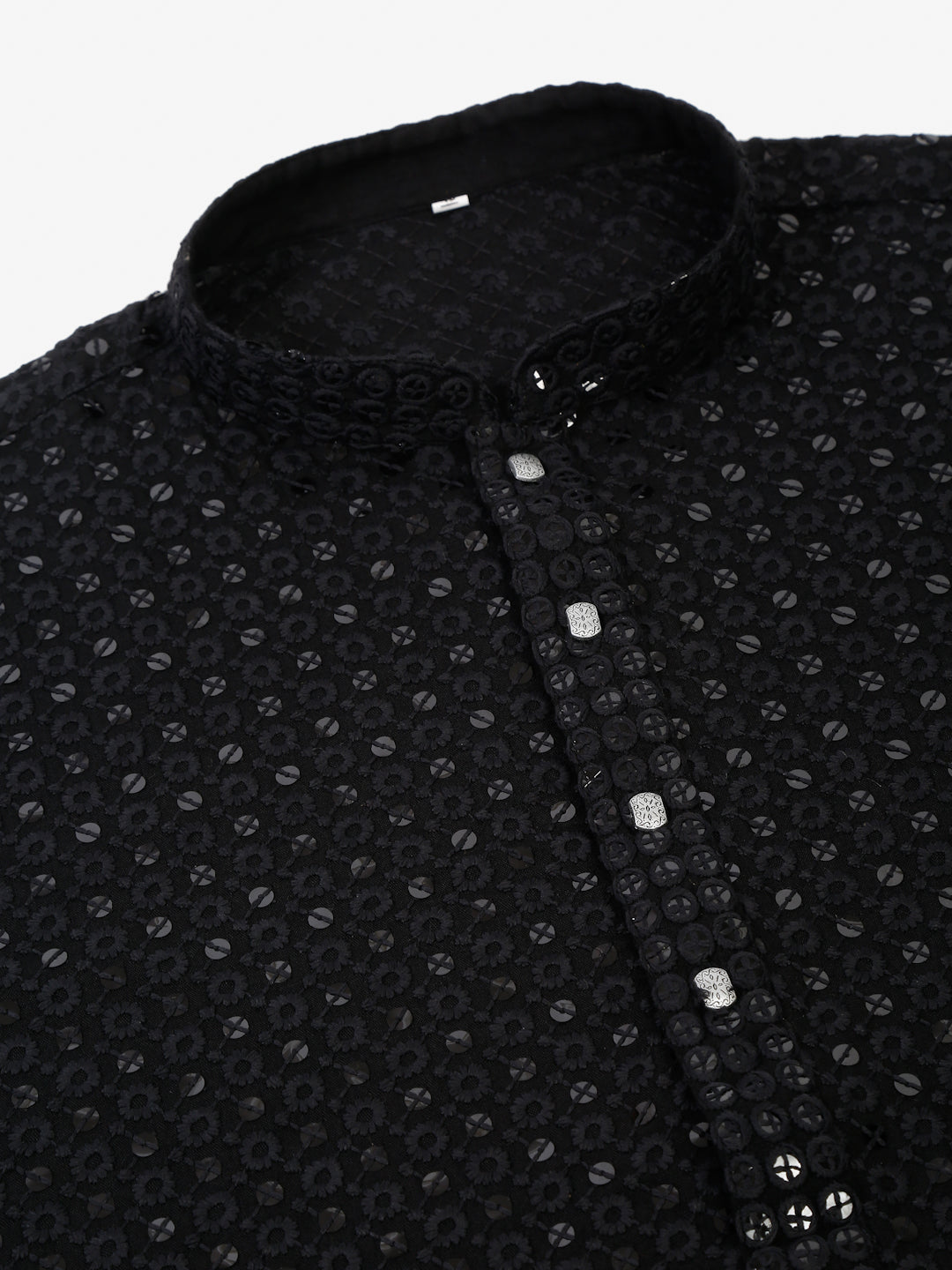 Men Black Chikankari Embroidered And Sequence Kurtas