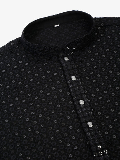 Men Black Chikankari Embroidered And Sequence Kurtas