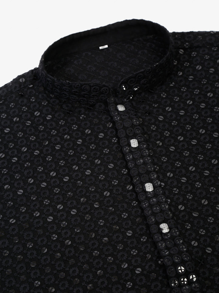 Men Black Chikankari Embroidered And Sequence Kurtas
