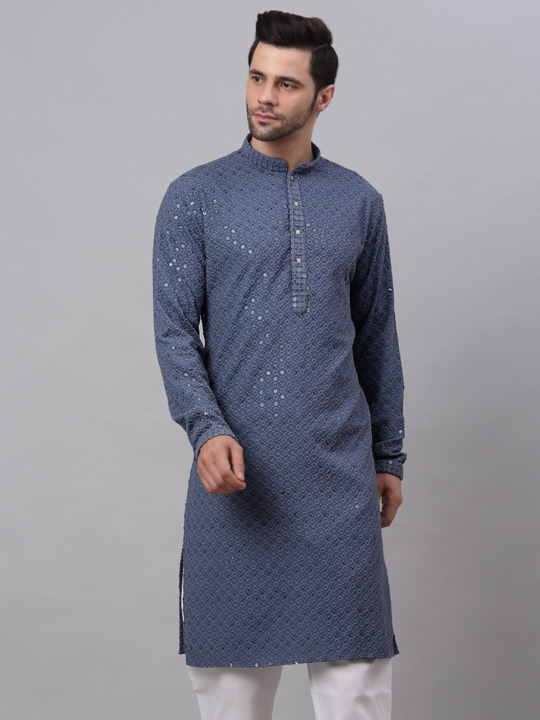 Men Grey Chikankari Embroidered And Sequence Kurtas