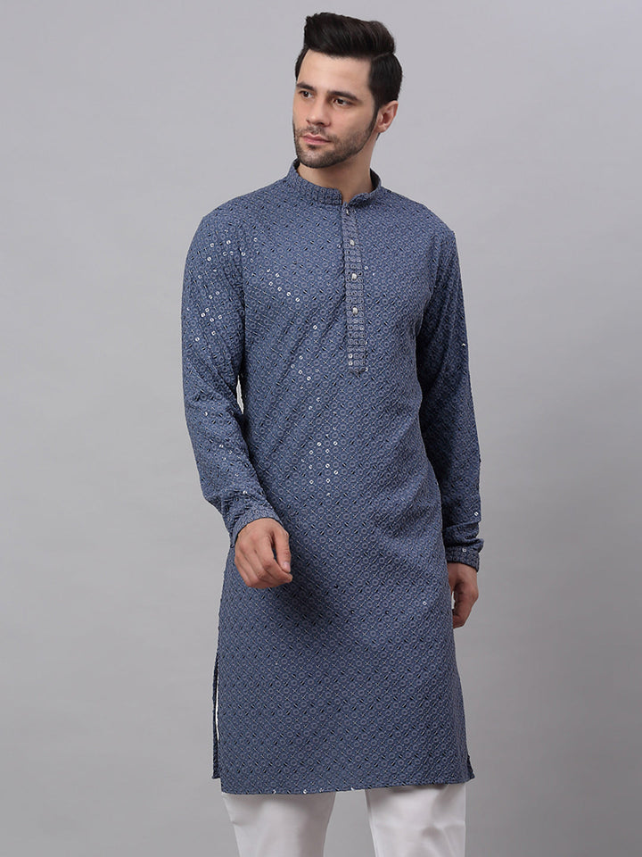Men Grey Chikankari Embroidered And Sequence Kurtas