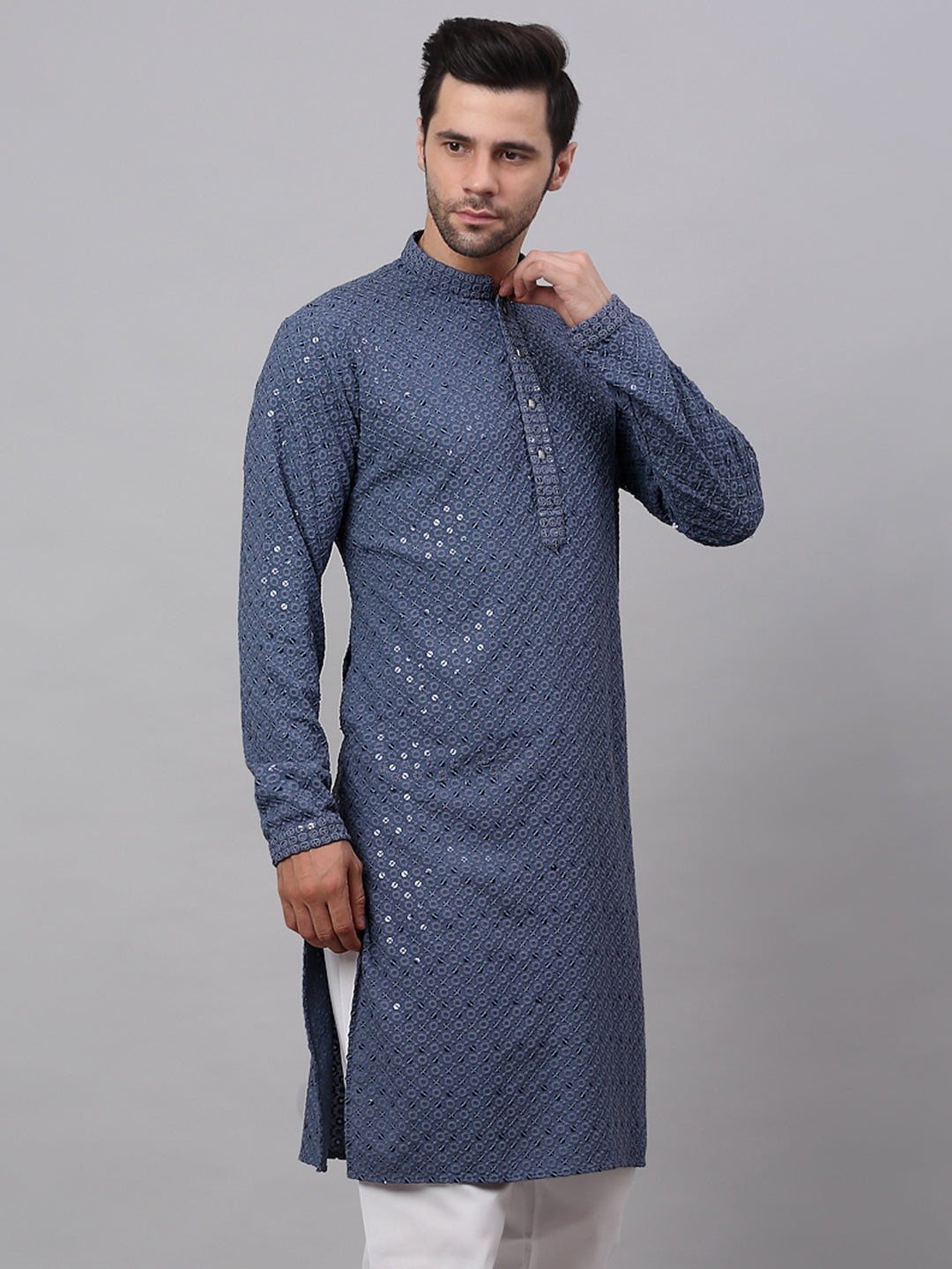 Men Grey Chikankari Embroidered And Sequence Kurtas