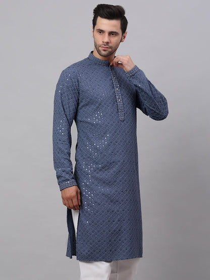 Men Grey Chikankari Embroidered And Sequence Kurtas