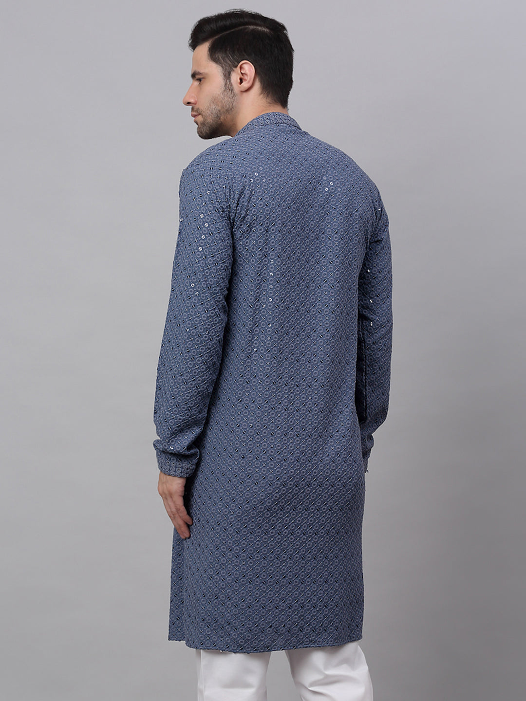 Men Grey Chikankari Embroidered And Sequence Kurtas