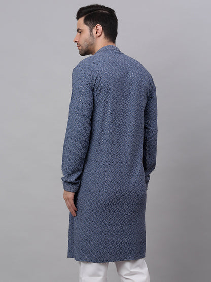 Men Grey Chikankari Embroidered And Sequence Kurtas