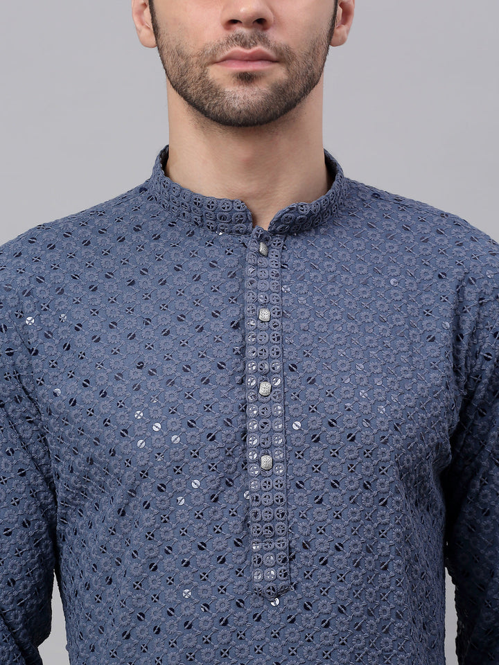Men Grey Chikankari Embroidered And Sequence Kurtas