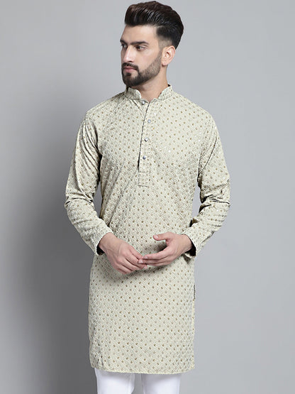 Men Blue Chikankari Embroidered And Sequence Kurtas