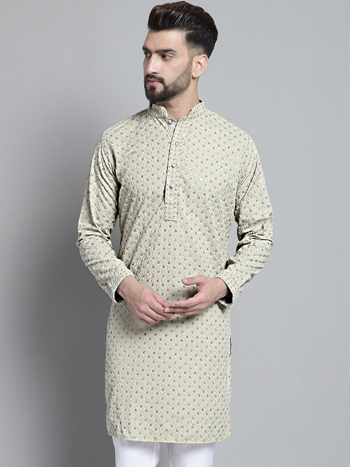 Men Blue Chikankari Embroidered And Sequence Kurtas