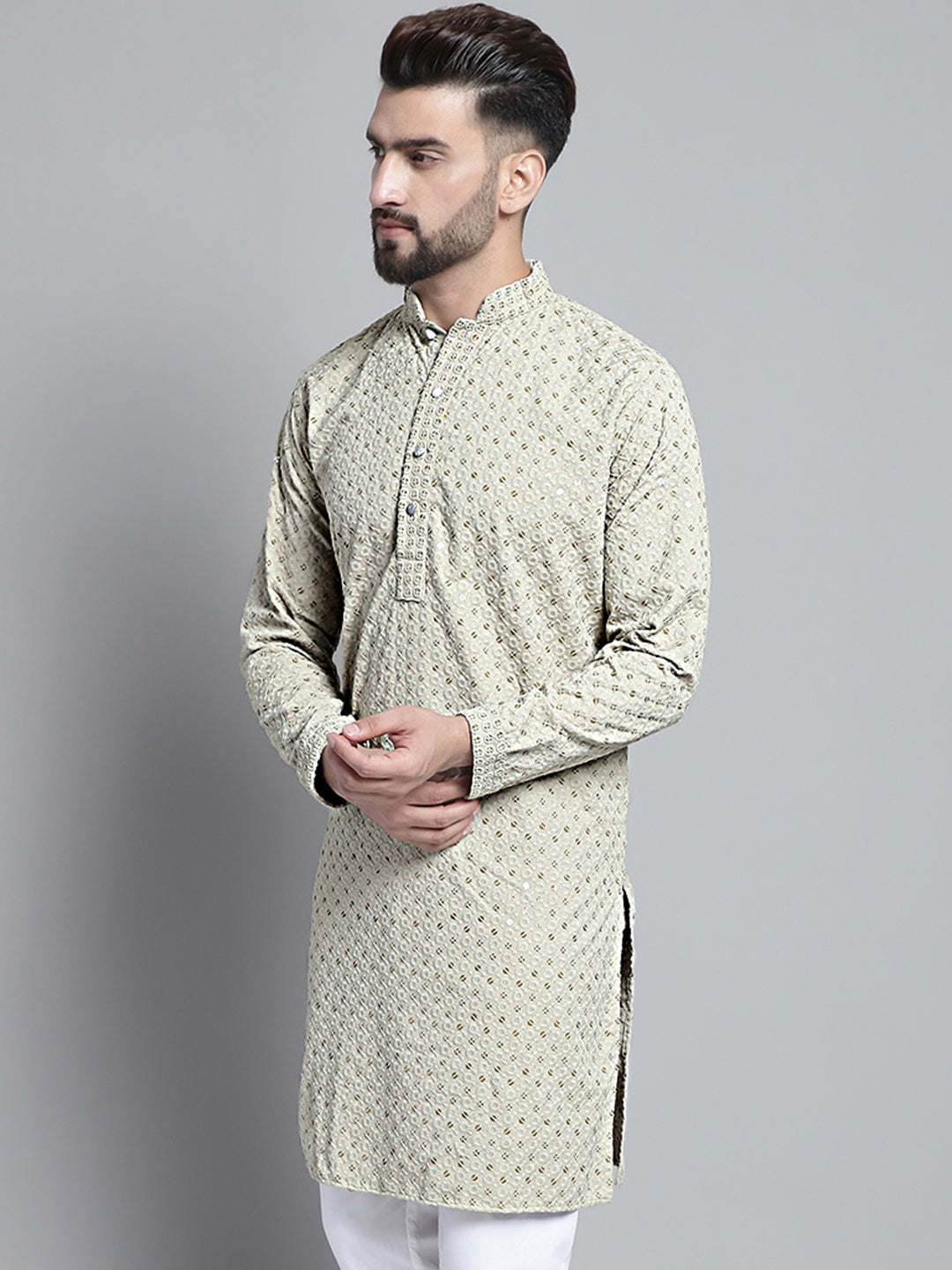 Men Blue Chikankari Embroidered And Sequence Kurtas