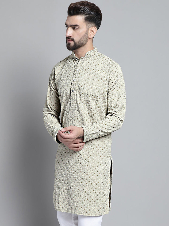 Men Blue Chikankari Embroidered And Sequence Kurtas