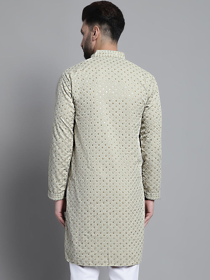 Men Blue Chikankari Embroidered And Sequence Kurtas
