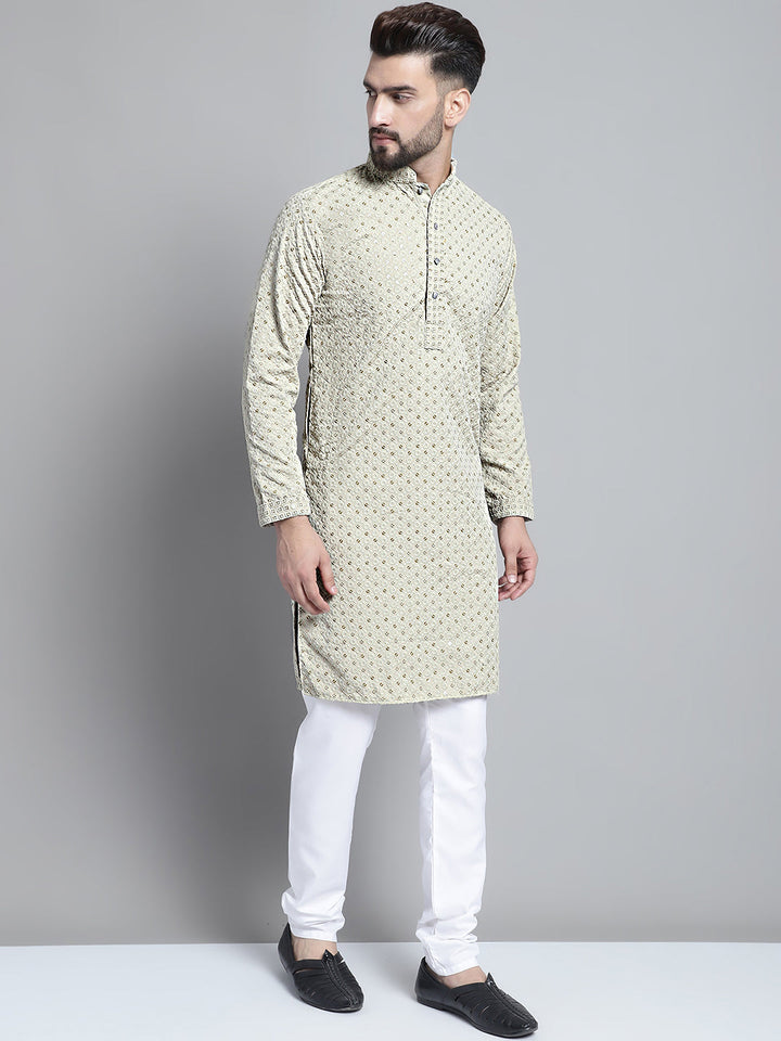 Men Blue Chikankari Embroidered And Sequence Kurtas