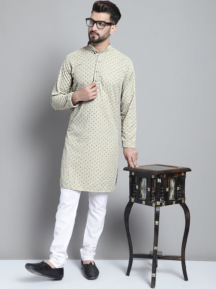Men Blue Chikankari Embroidered And Sequence Kurtas