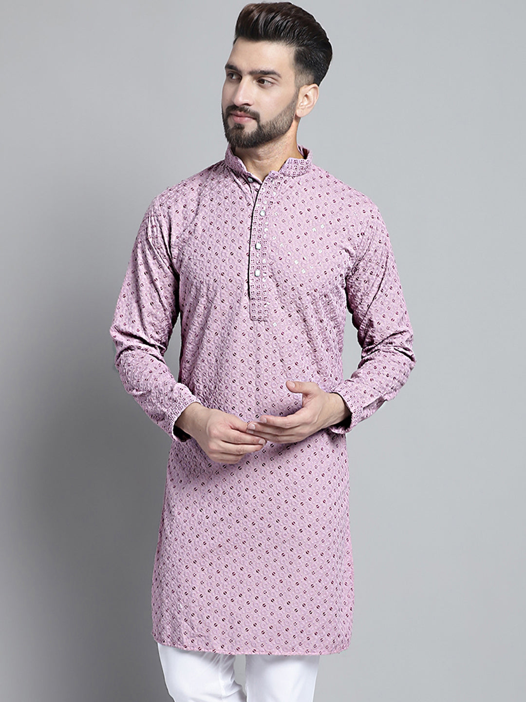 Men Purple Chikankari Embroidered And Sequence Kurtas