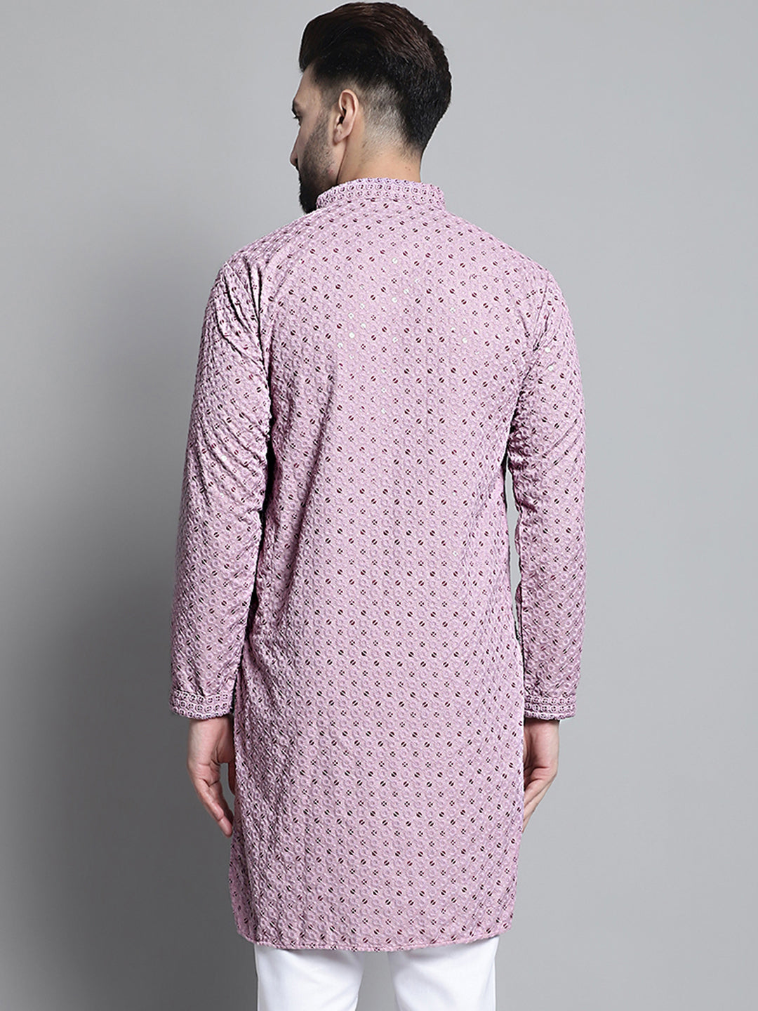Men Purple Chikankari Embroidered And Sequence Kurtas