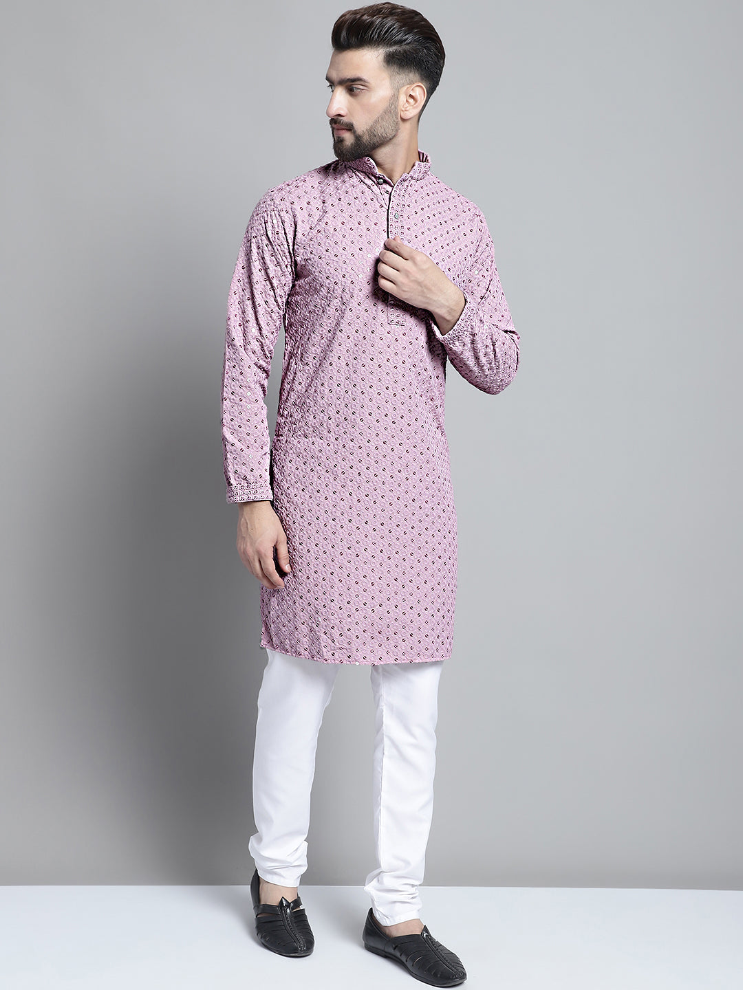 Men Purple Chikankari Embroidered And Sequence Kurtas