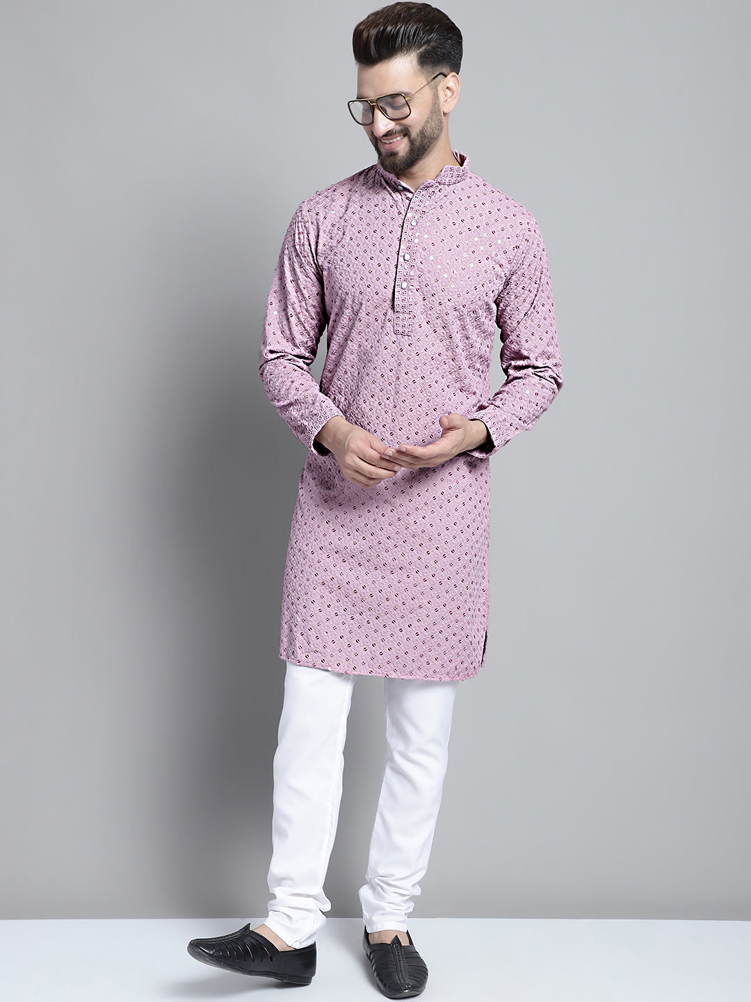 Men Purple Chikankari Embroidered And Sequence Kurtas