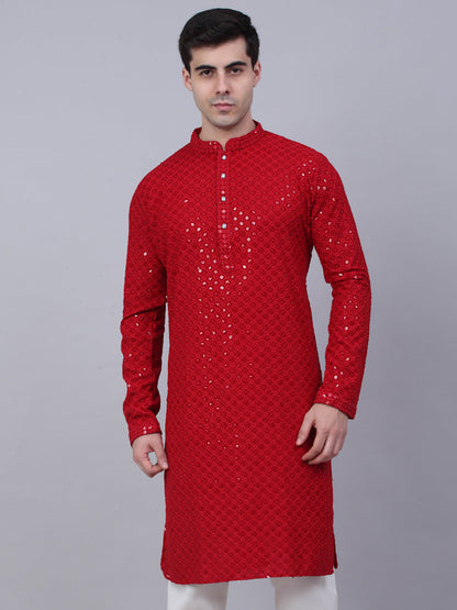 Men Maroon Chikankari Embroidered And Sequence Kurtas.