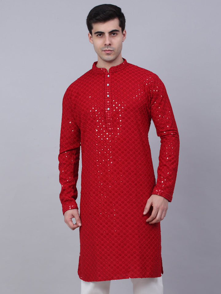 Men Maroon Chikankari Embroidered And Sequence Kurtas.