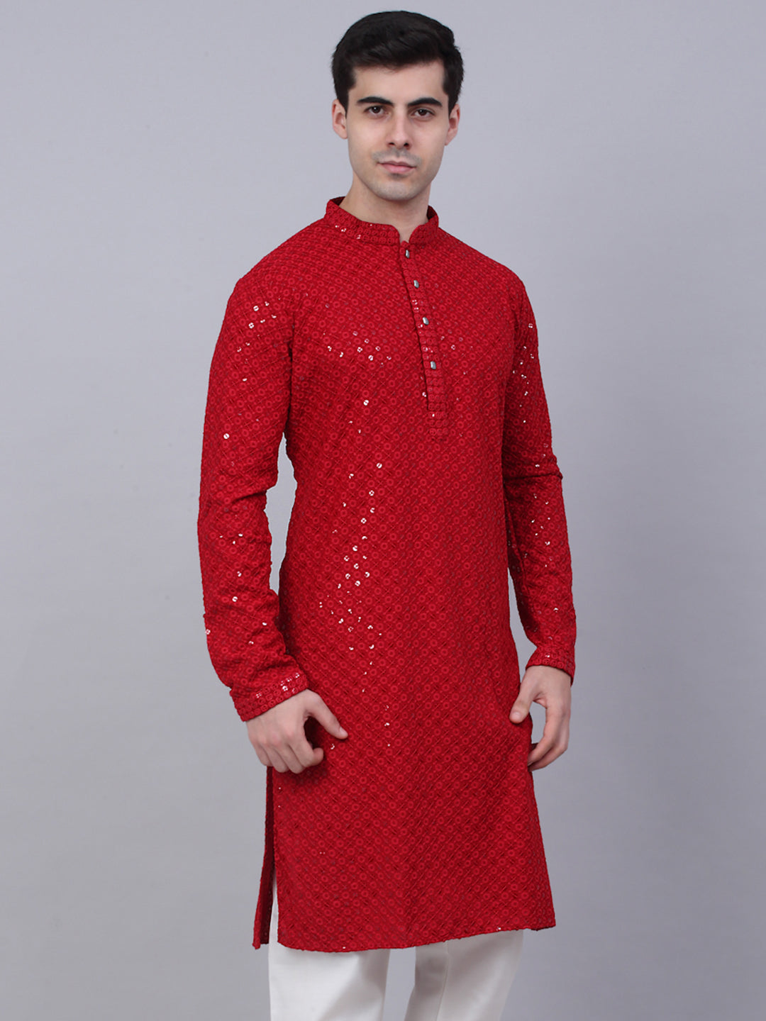 Men Maroon Chikankari Embroidered And Sequence Kurtas.