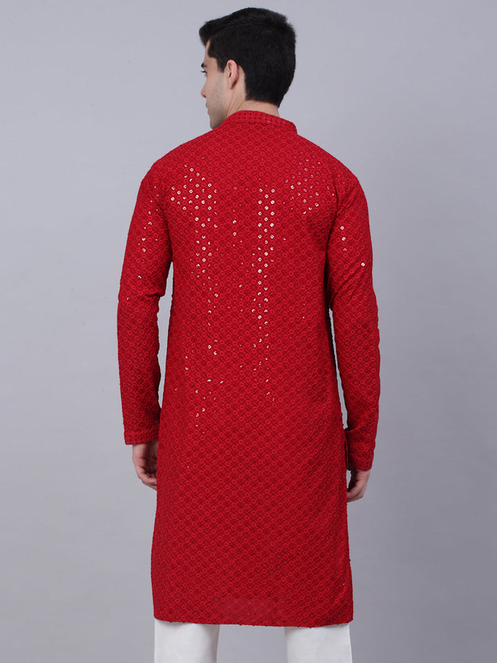 Men Maroon Chikankari Embroidered And Sequence Kurtas.