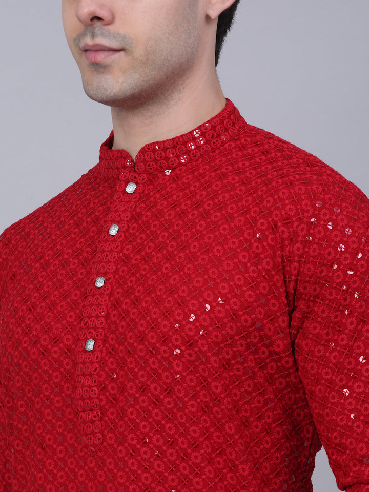 Men Maroon Chikankari Embroidered And Sequence Kurtas.