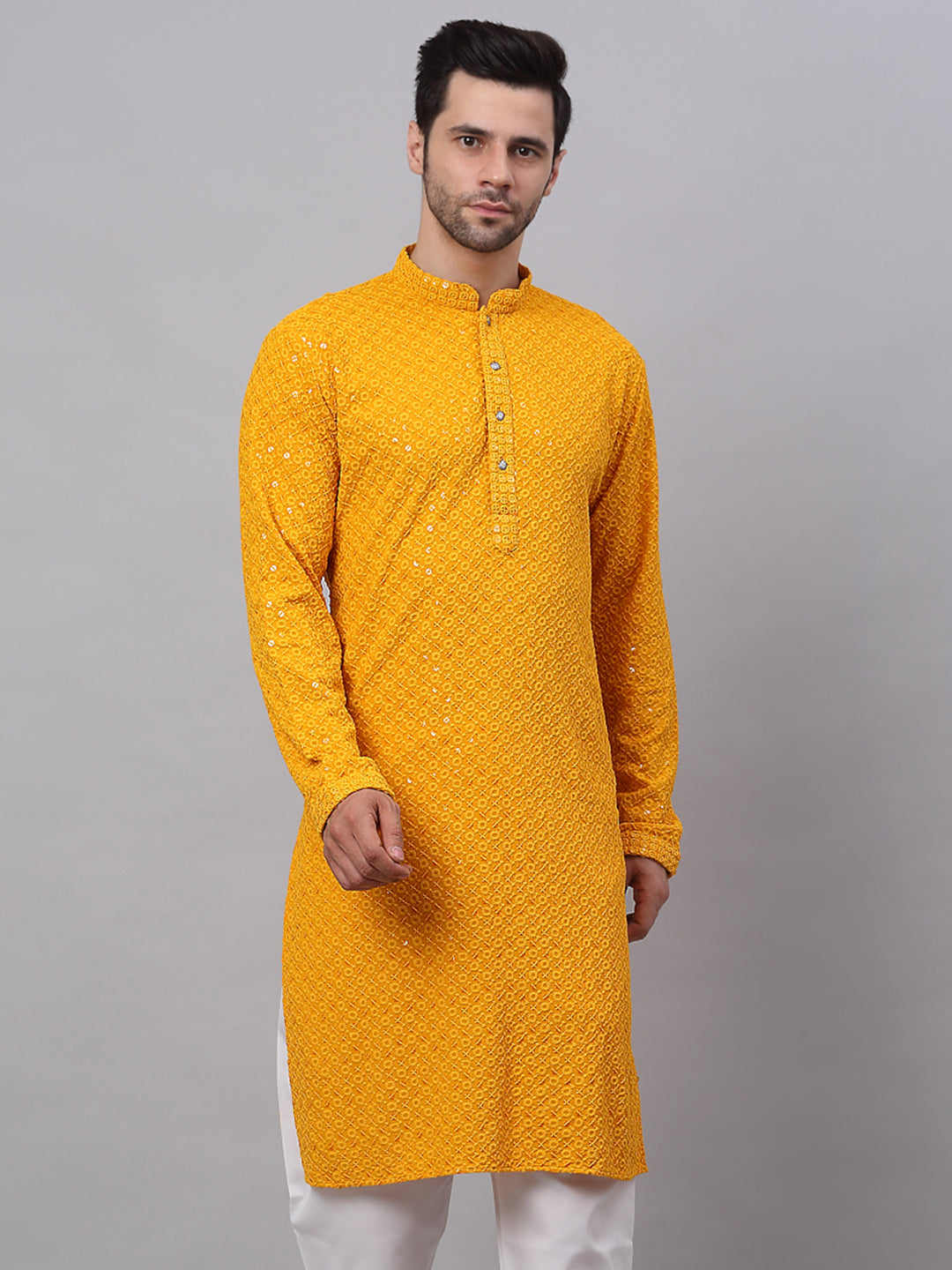 Men Mustard Chikankari Embroidered And Sequence Kurtas