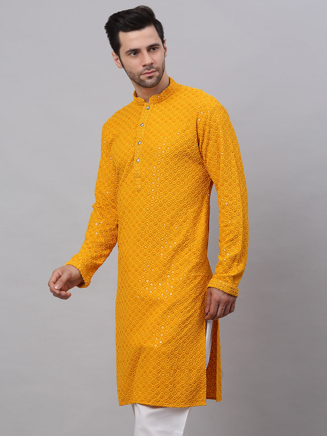 Men Mustard Chikankari Embroidered And Sequence Kurtas