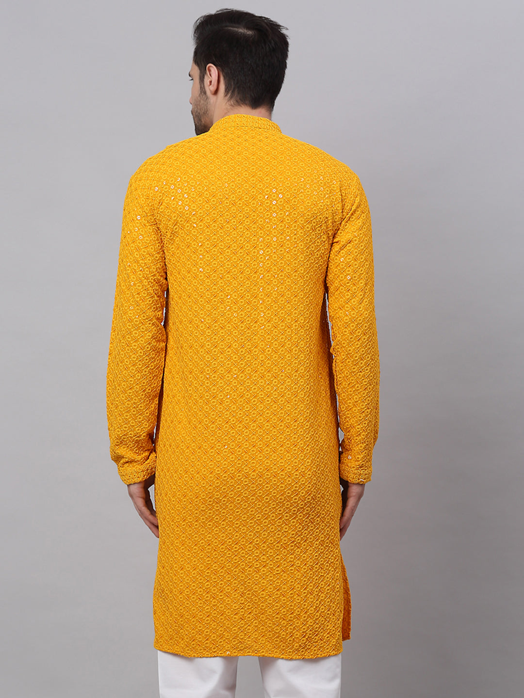 Men Mustard Chikankari Embroidered And Sequence Kurtas