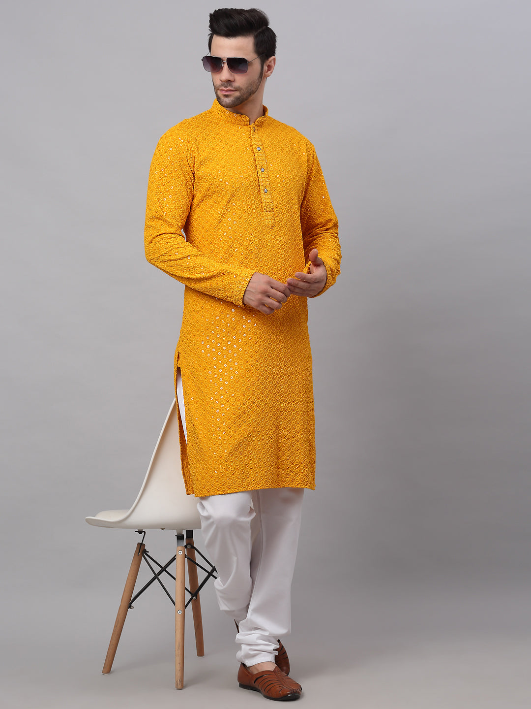 Men Mustard Chikankari Embroidered And Sequence Kurtas