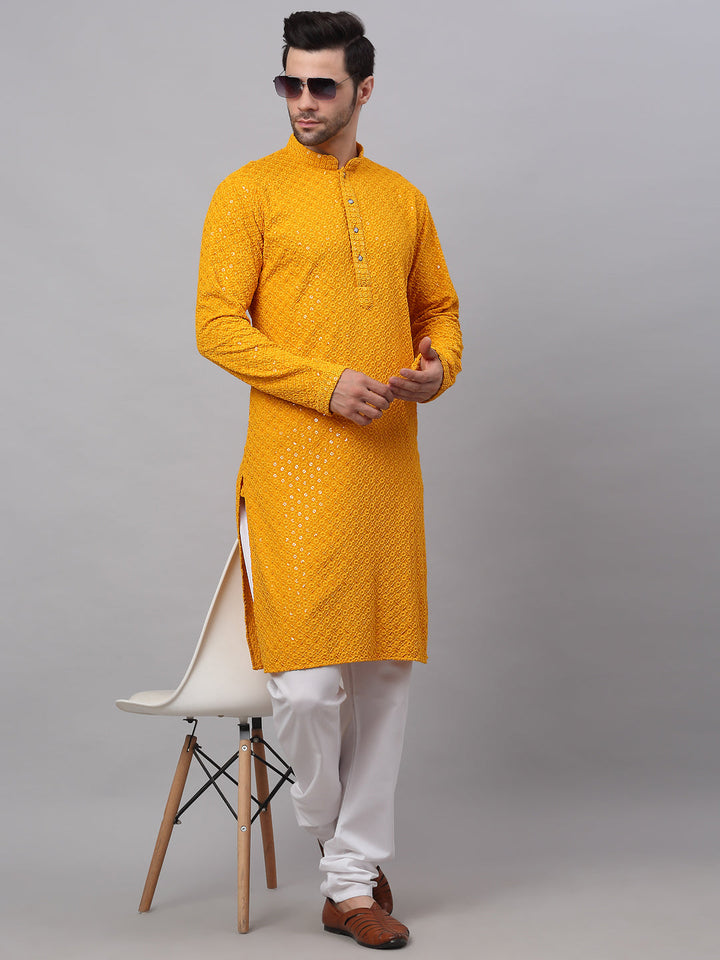 Men Mustard Chikankari Embroidered And Sequence Kurtas