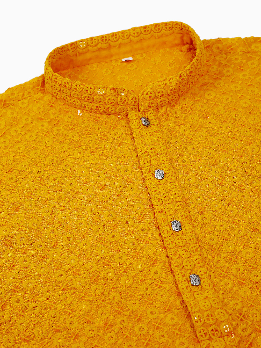 Men Mustard Chikankari Embroidered And Sequence Kurtas