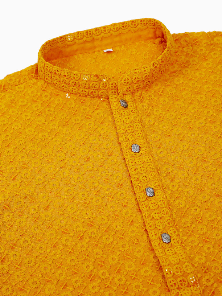 Men Mustard Chikankari Embroidered And Sequence Kurtas
