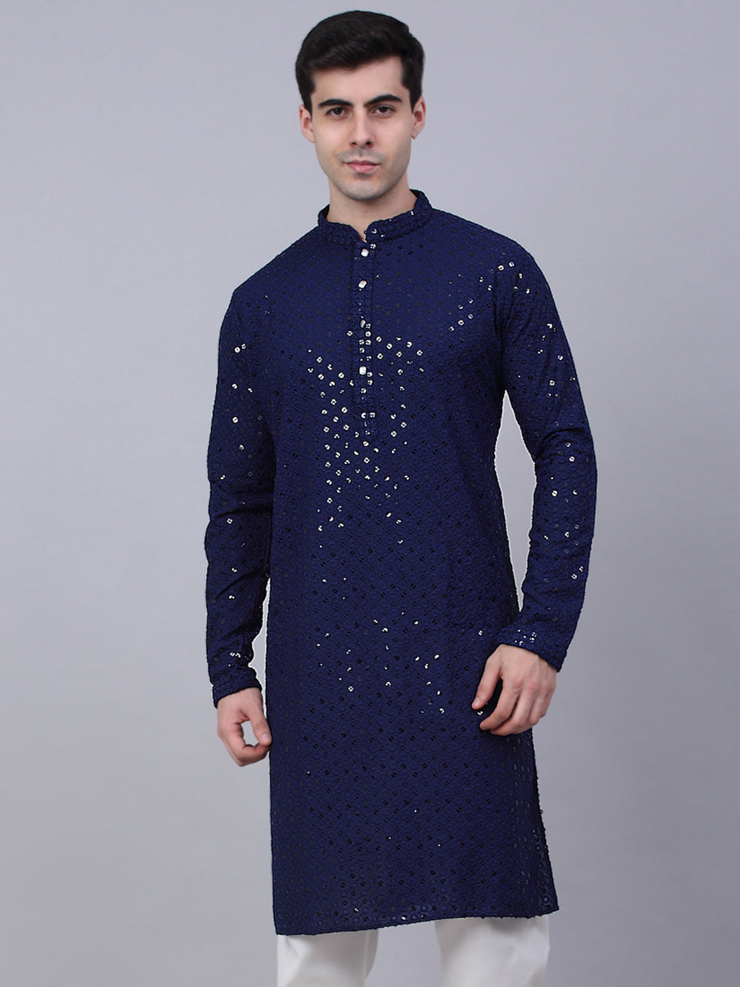 Men Navy Blue Chikankari Embroidered And Sequence Kurtas.