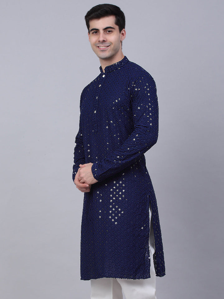 Men Navy Blue Chikankari Embroidered And Sequence Kurtas.