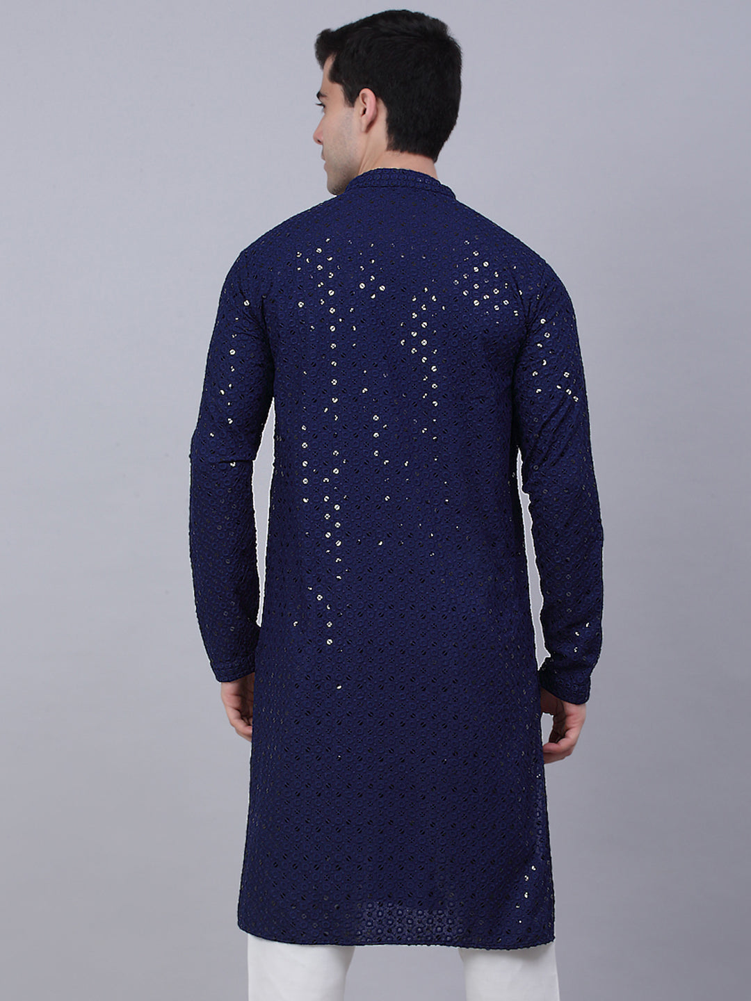 Men Navy Blue Chikankari Embroidered And Sequence Kurtas.