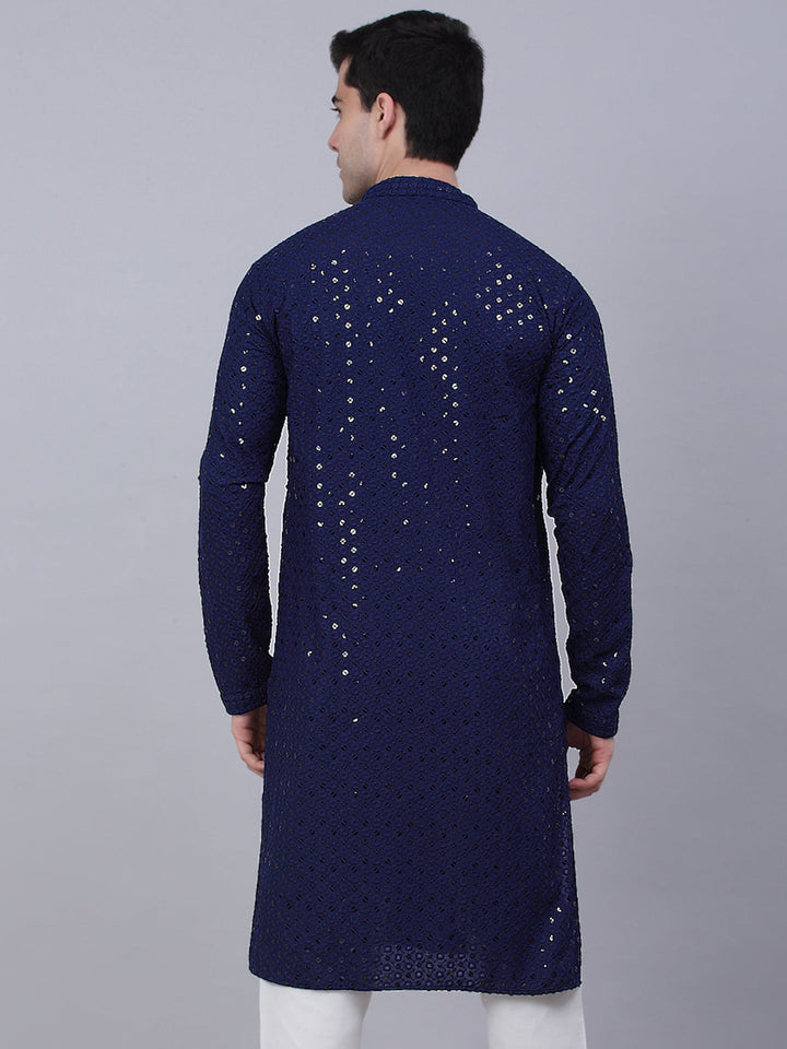 Men Navy Blue Chikankari Embroidered And Sequence Kurtas.