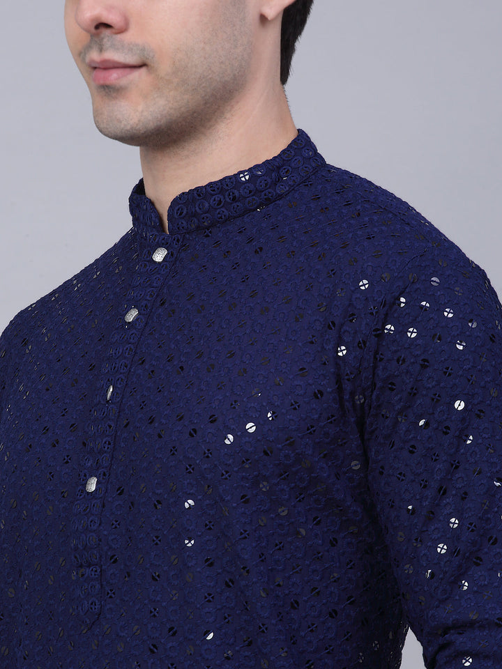 Men Navy Blue Chikankari Embroidered And Sequence Kurtas.