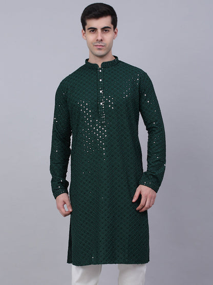 Men Olive Green Chikankari Embroidered And Sequence Kurtas.