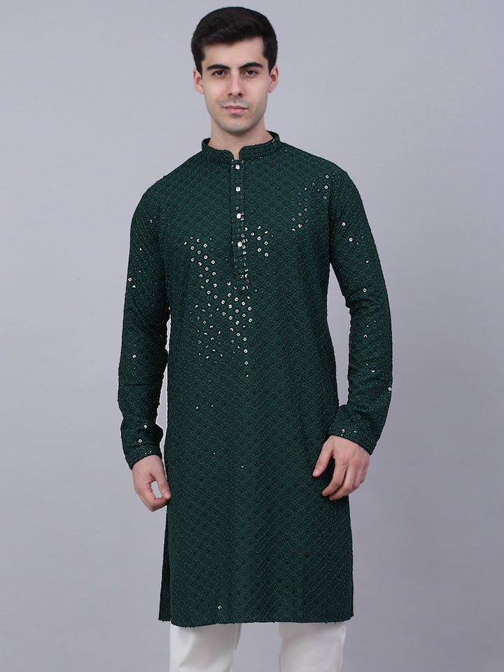 Men Olive Green Chikankari Embroidered And Sequence Kurtas.